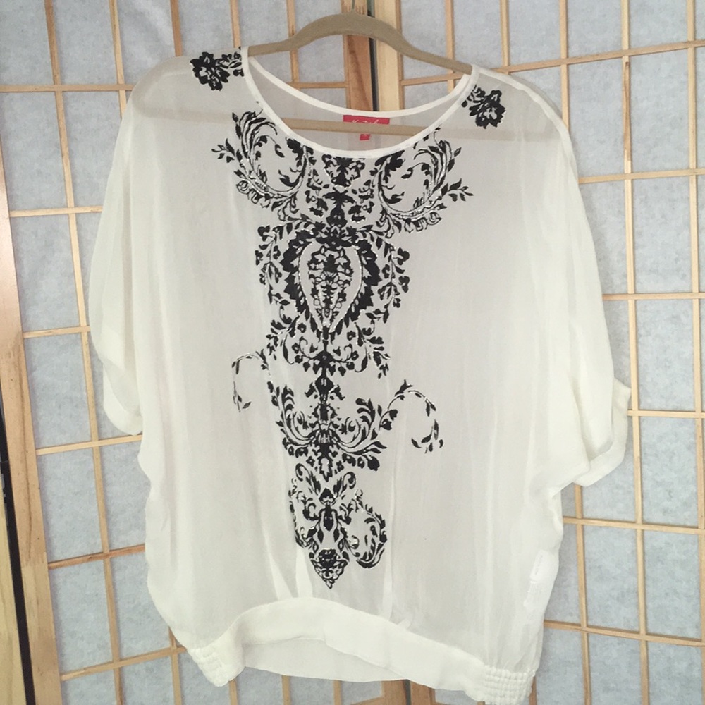 Sheer Black and White Embroidered and Beaded Top